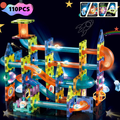 BINZKBB Light Magnetic Tiles Building Blocks for kids,3D Clear STEM Magnets Construction Toys,110PC Magnetic Marble Run Creativity Educational Toys for Kids Ages 5 6 7 8 9 10+Year Old Boys Girls Gift