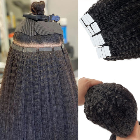 Natural Black Tape in Double Sided 16 Inch Kinky Straight Real Human Hair Skin Weft Invisible Glue in Hair Bundles Kinky Hair Extensions for Black Women
