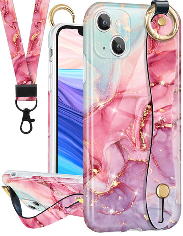 LISEVO (2in1 Marble Case with Strap for iPhone 13 6.1 Inch Cute Aesthetic Marble Design Girly Women Cases Hand Strap Girls Handle Finger Phone Case+Lanyard for iPhone 13