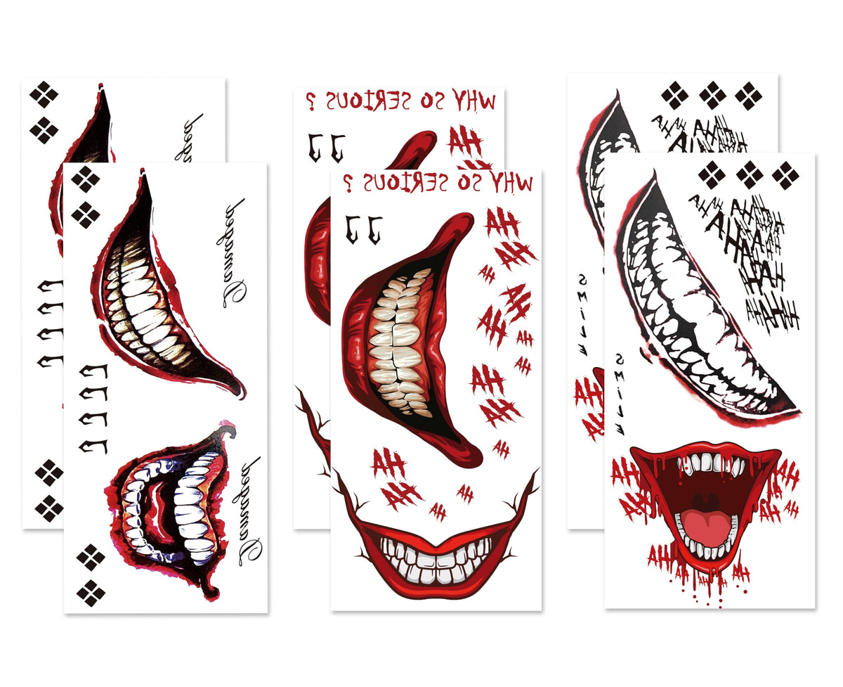 6 Sheets Creepy Smile Halloween Temporary Tattoos - Removable Mouth and HA HA Tattoos for Men, Women, Adults, and Kids Cosplay and Costume Parties