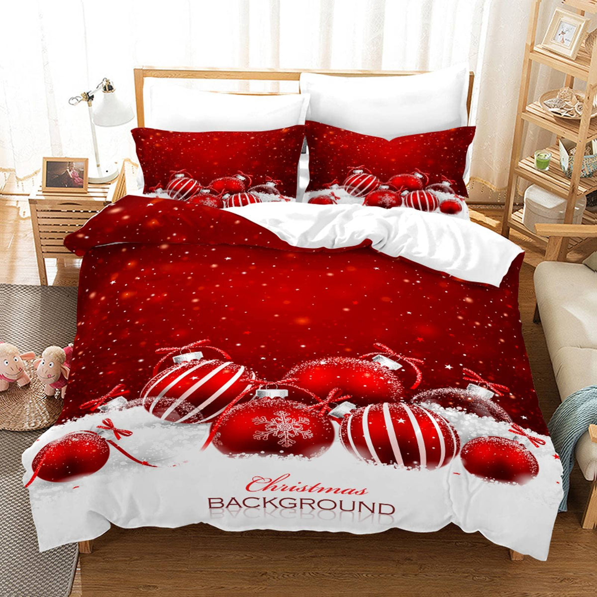 Christmas Bed Linen Set, 3-Piece Bed Linen Set, Santa Claus Pattern, Duvet Cover and Pillowcase with Zip (A, 135 x 200 cm)