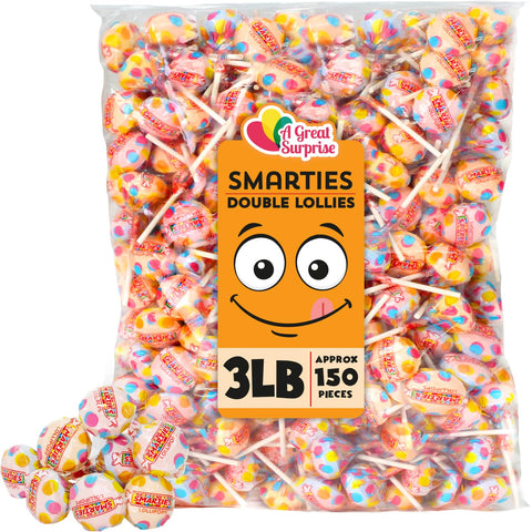 Smarties Lollipops - Easter Basket Candy Fillers - Double Lollies - Roughly 150 Ct Bulk Individually Wrapped 3LB Party Bag Family Size - Fun Candy for Kids