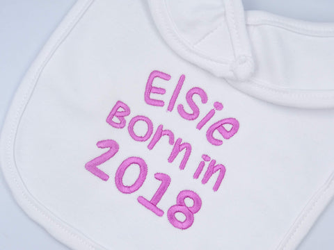 Personalised Embroidered Born in Any Year and Name Baby Bib