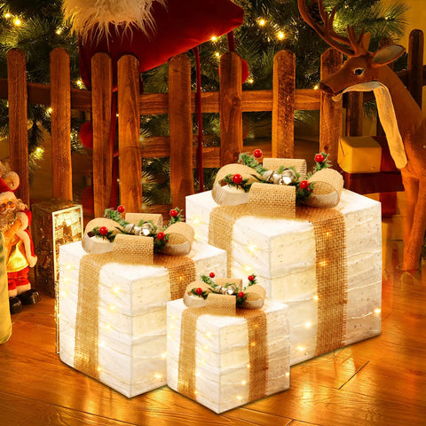 Christmas Lighted Gift Boxes Decor,Set of 3 Pre-lit Present Box With 70 Led Lights Xmas Outdoor Decorations, Indoor Ornaments Wedding Yard Holiday Party Home Yard Art Decor (White)