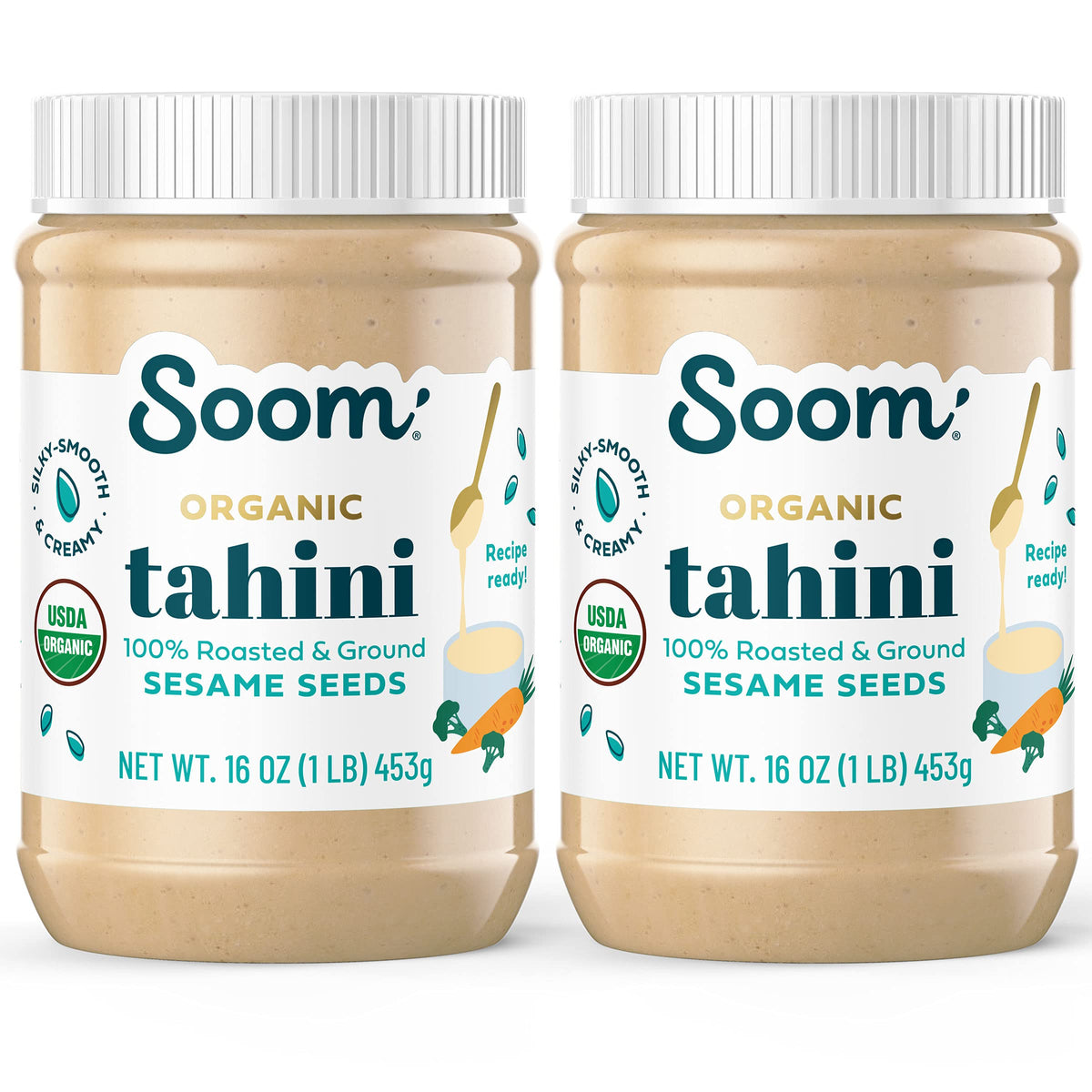 Soom Foods Organic Tahini 16oz (2 Pack) | Roasted & Ground Sesame Seed Paste | Creamy Texture for Hummus, Sauces, Dips, Salad Dressings | Vegan, Peanut-Free, Nut-Free, Gluten-Free, Dairy-Free, Keto, Paleo, Kosher | All-Natural