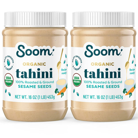 Soom Foods Organic Tahini 16oz (2 Pack) | Roasted & Ground Sesame Seed Paste | Creamy Texture for Hummus, Sauces, Dips, Salad Dressings | Vegan, Peanut-Free, Nut-Free, Gluten-Free, Dairy-Free, Keto, Paleo, Kosher | All-Natural