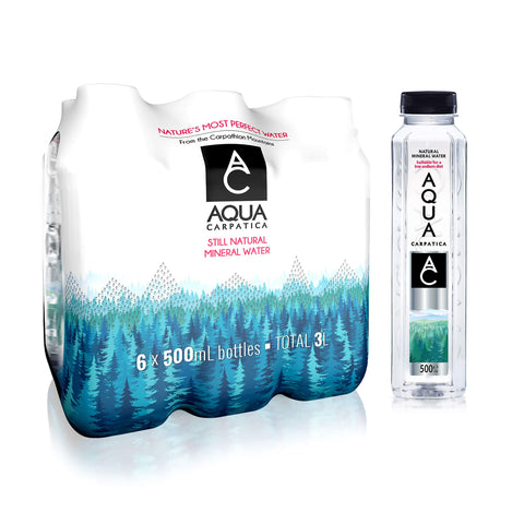 AQUA Carpatica 500ml x 6 Pure Natural Still Mineral Water - 6-Pack Bottled Water, Virtually Nitrate Free, Low Sodium, Naturally Alkaline, Natural Electrolytes, Premium Multipack 100% Recyclable