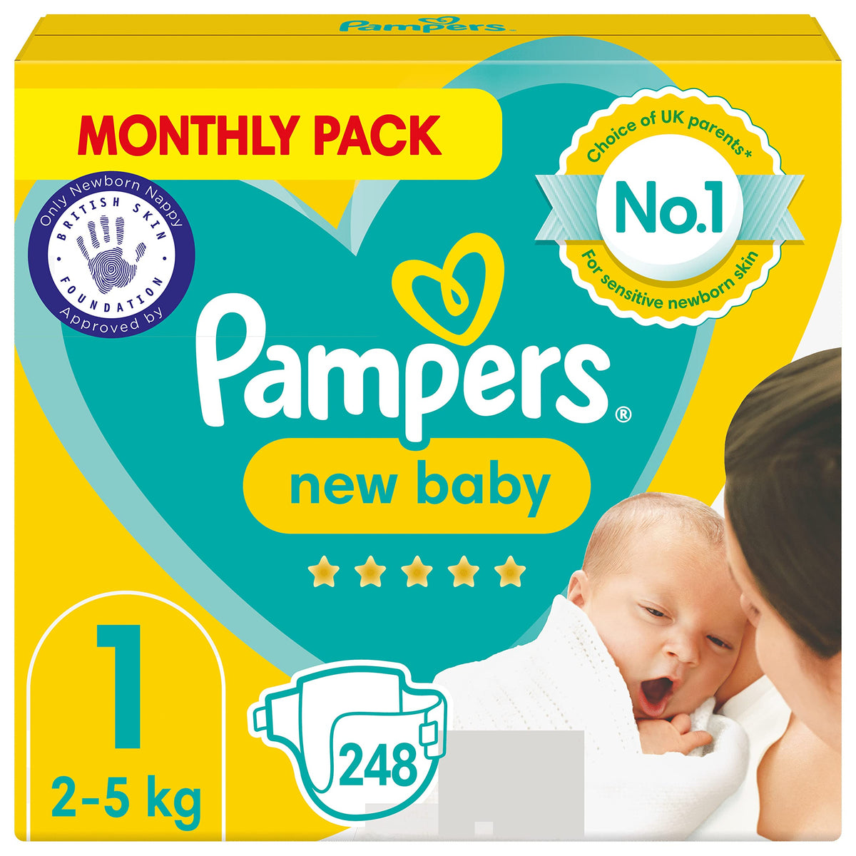 Pampers Baby Nappies Size 1 (2-5kg), New Baby, 248 Nappies, MONTHLY SAVINGS PACK, Pampers #1 Protection For Sensitive Newborn Skin