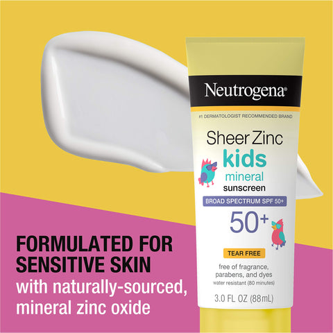 Neutrogena Sheer Zinc Oxide Kids Mineral Sunscreen Lotion, Broad Spectrum SPF 50+ with UVA/UVB Protection, Water-Resistant for 80 Minutes, Paraben-, Dye-, Fragrance- & Tear Free, 3 fl. oz