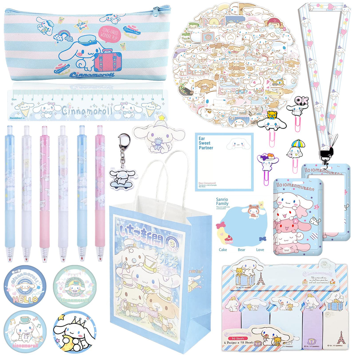 Cinnamoroll School Supplies Anime Stationery Gift Set Includs Pencil Case Pens Stickers Badge Pins Keychain Lanyard with ID Card Holder Ruler Sticky Note Paper Phone Holder Gift Bag for Girls (Blue)