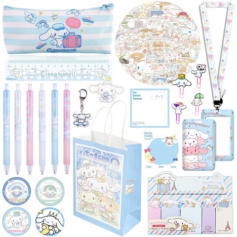 Cinnamoroll School Supplies Anime Stationery Gift Set Includs Pencil Case Pens Stickers Badge Pins Keychain Lanyard with ID Card Holder Ruler Sticky Note Paper Phone Holder Gift Bag for Girls (Blue)