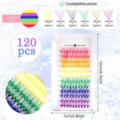 WLLHYF Lash Extension Kit, 120 Pcs DIY Lash Clusters Individual 14mm 16mm Mixed Soft False Eyelashes Rainbow Colorful Cluster Lashes Reusable Fluffy Lash for Women