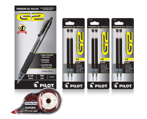 Pilot G2 Pens 0.7 mm and Pilot G2 Pens 0.7 Refills | 12 Ct Black Pilot G2 Pens and 6 Pilot G2 Refills - Pens & Pen Refills, Refillable & Retractable Black Pens, Fine Point Pilot Pens + Correction Tape