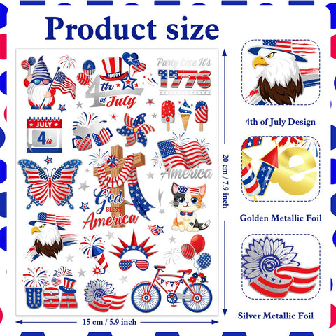 HOWAF 4th of July Silver Foil Gold Foil Temporary Tattoo, Independence Day Shine Metallic Tattoo Stickers for American July Fourth Party USA Patriotic Party Decorations, Red White Blue Face Tattoos