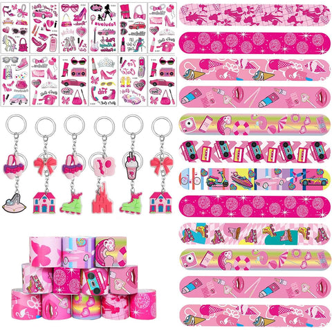 Junyaoii Hot Pink Princess Party Favours, Pink Princess Party Supplies, Pink Girls Birthday Gifts, 12 Temporary Tattoos, 12 Pink Girls Slap Bracelets, 12 Pink Keyrings
