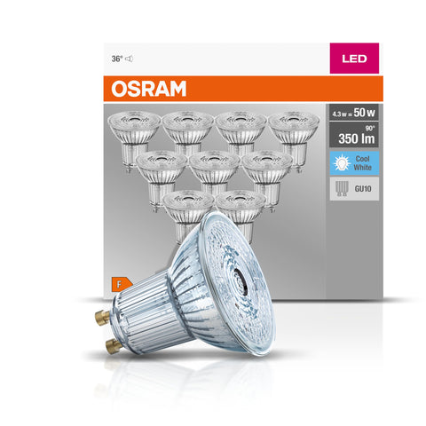 OSRAM LED Base PAR16 / LED-Reflectorlamp with GU10-base / not dimmable / replacement for 50 Watt / 36Â° beam angle/ cool white - Kelvin / 10 pack