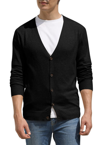 Hisir Men's Knit Cardigans Jumpers Lightweight Classic Soft Wool V Neck Cardigan with Buttons, Long Sleeve Knitwear Pullover Sweaters for Men, Mens Gift (Black, XL)