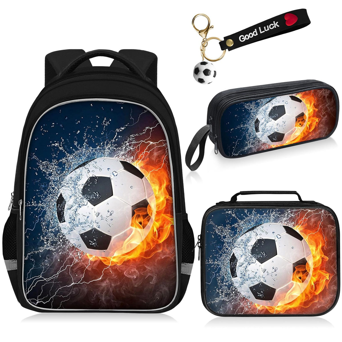 Fitvc School Backpack for Boys - 4pcs Soccer Boys Backpack with Lunch Box Set for Kids Children Teens Elementary Middle School - 17? Sport Bookbag Travel Back Pack for Age 6-18