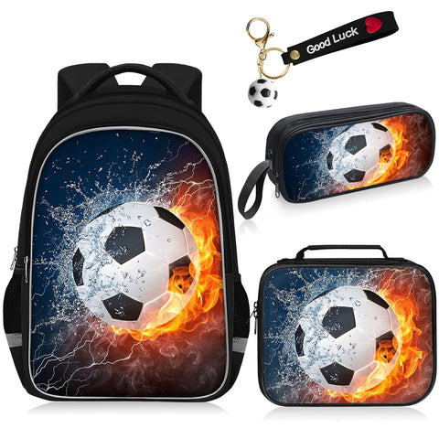 Fitvc School Backpack for Boys - 4pcs Soccer Boys Backpack with Lunch Box Set for Kids Children Teens Elementary Middle School - 17? Sport Bookbag Travel Back Pack for Age 6-18