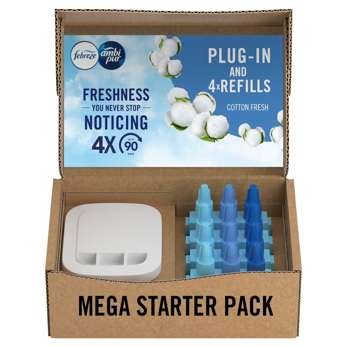 Febreze Ambi Pur 3Volution Air Freshener Plug-In Diffuser Refill Starter Kit, Odour Eliminator, Cotton Fresh, 80 ml, (20 x 4)