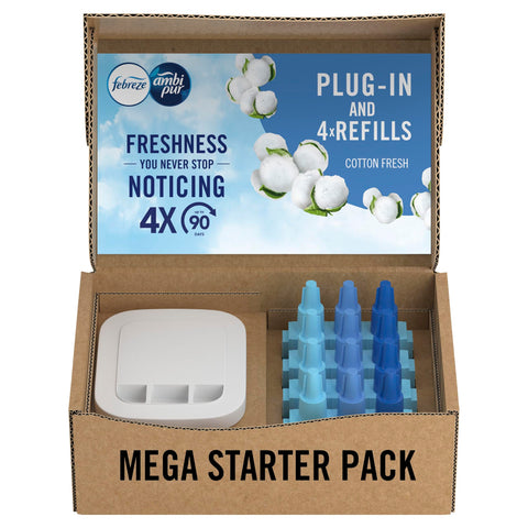 Febreze Ambi Pur 3Volution Air Freshener Plug-In Diffuser Refill Starter Kit, Odour Eliminator, Cotton Fresh, 80 ml, (20 x 4)