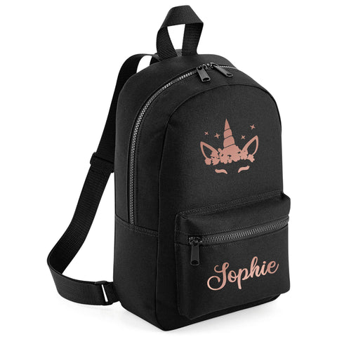 Purple Print House Rose Gold Unicorn Head Personalised Girls Mini Backpack, Black
