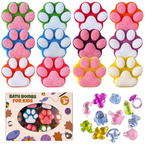 Paw Bath Bomb for Kids with Surprise Toys Inside, 12 Pcs Colorful Handmade Natural Bath Ball with Sparkling Crystal Toys, SPA Fizzy Bath Bomb Gift Set for Girl Boy at Christmas, Birthday