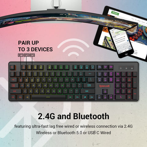 Redragon K509 Pro Wireless Gaming Keyboard, 2.4G and Bluetooth Keyboard, RGB Backlit with 104 Low Profile Keys for Windows PC (Black)