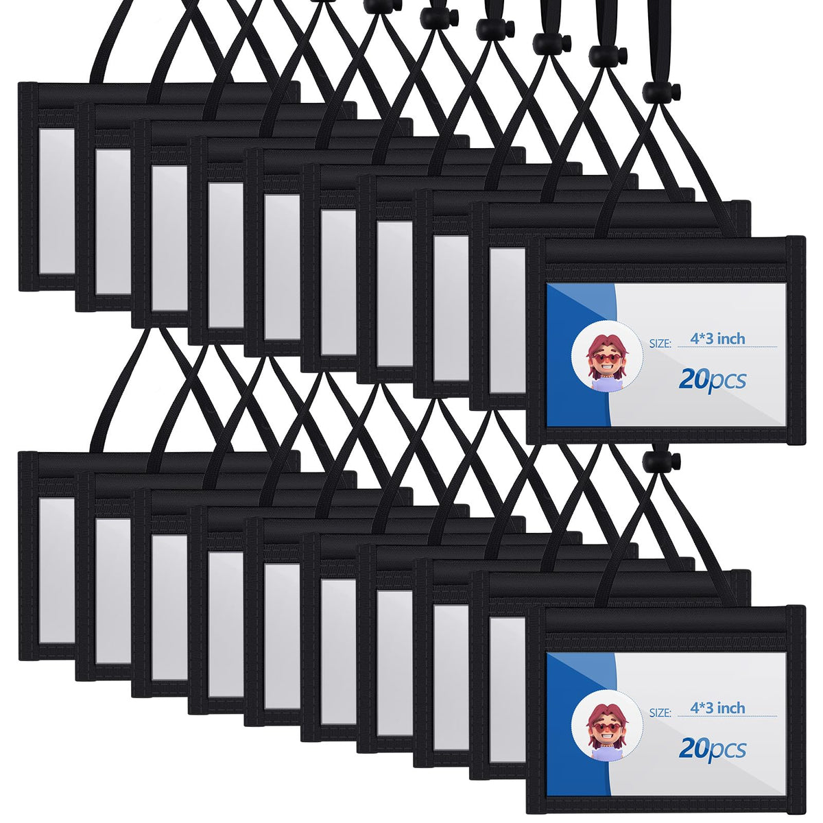 Tenceur 4 x 3'' Neck Badge Holder with Adjustable Lanyard Polyester Name Badge Organizer with Clear Window Horizontal Zipper ID Pouch Vaccination Card Protector for Trade Conventions, Black(20 Pcs)