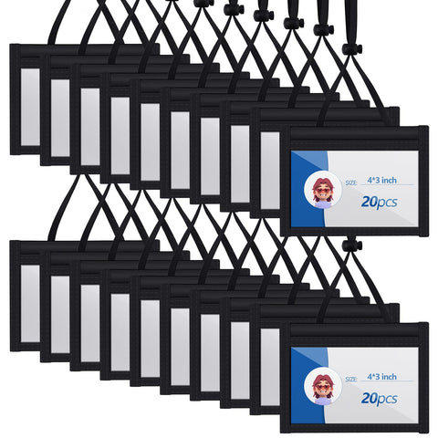 Tenceur 4 x 3'' Neck Badge Holder with Adjustable Lanyard Polyester Name Badge Organizer with Clear Window Horizontal Zipper ID Pouch Vaccination Card Protector for Trade Conventions, Black(20 Pcs)