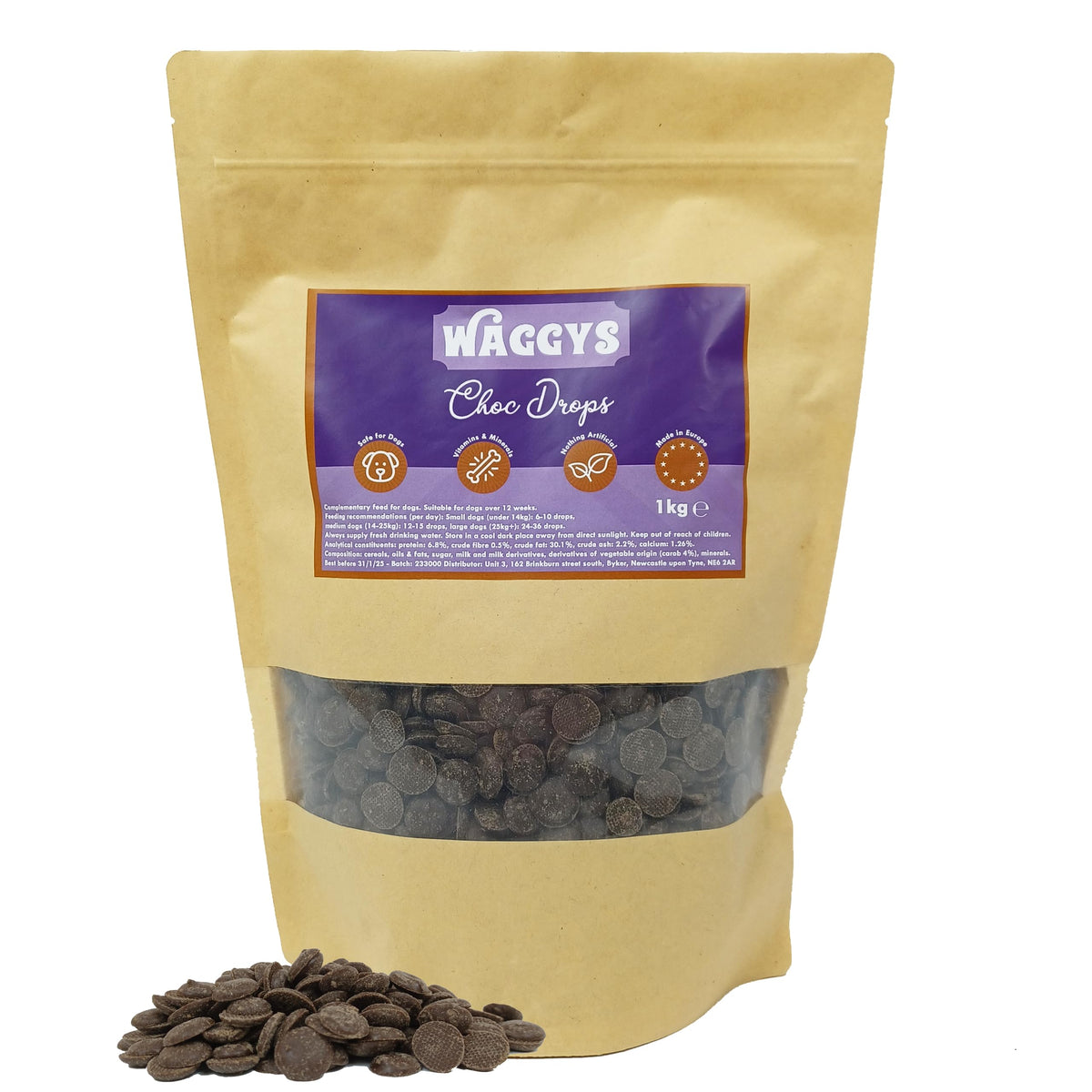 WaggyÃƒÆ’Ã‚Â¢ÃƒÂ¢Ã¢â‚¬Å¡Ã‚Â¬ÃƒÂ¢Ã¢â‚¬Å¾Ã‚Â¢s Dog Chocolate Drops - 100% Safe Choc Button Treats for Dogs | Natural & Healthy with Added Vitamins & Minerals | Ideal for Dog Training | Soft Treats for Older Dogs | Releasable Bag (1kg)