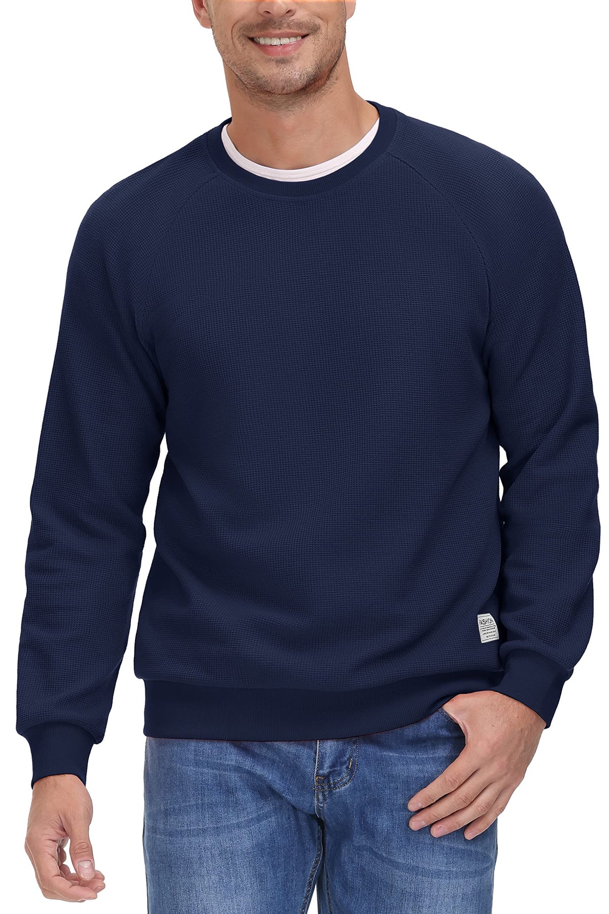 MAGCOMSEN Mens Pullover Sweatshirts Plain Workwear Casual Crew Neck Long Sleeve Sweater Tops Sports Leisure,Navy,M