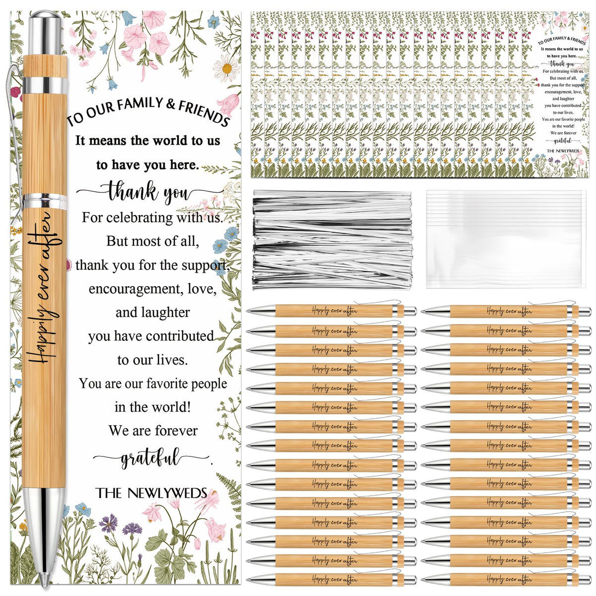 Spakon 72 Sets Wildflower Wedding Favors for Guests Bamboo Pens with Thank You Cards Clear Gift Bags Bridal Shower Games Ballpoint Pens for Guest Souvenirs