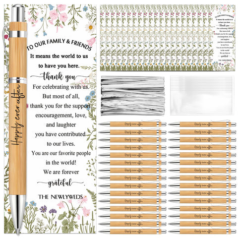 Spakon 72 Sets Wildflower Wedding Favors for Guests Bamboo Pens with Thank You Cards Clear Gift Bags Bridal Shower Games Ballpoint Pens for Guest Souvenirs