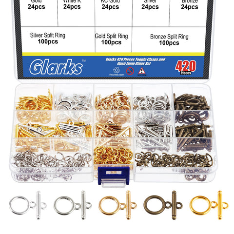 Glarks 420Pcs Toggle Clasps and Open Jump Rings Set 120 Sets 5 Colors Round Toggle Clasps Connectors T-Bar Jewelry Clasp and 300pcs 3 Colors Open Jump Rings for Jewelry Bracelet Necklace Making