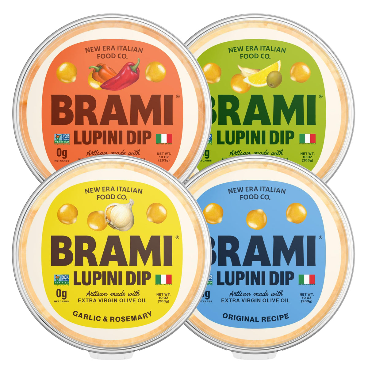 BRAMI Keto Lupini Bean Dip, Spread & Hummus | 0g Sugar, 0g Net Carbs | Keto, Vegan, Vegetarian, Mediterranean, Non-Perishable, Shelf-Stable, Low Carb, Low Calorie | 10oz (Variety, 4 Count)