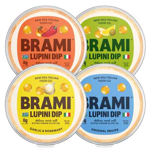 BRAMI Keto Lupini Bean Dip, Spread & Hummus | 0g Sugar, 0g Net Carbs | Keto, Vegan, Vegetarian, Mediterranean, Non-Perishable, Shelf-Stable, Low Carb, Low Calorie | 10oz (Variety, 4 Count)
