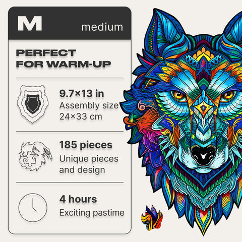 UNIDRAGON Original Wooden Jigsaw Puzzles - Majestic Wolf, 185 pcs, Medium 9.7"x13", Beautiful Gift Package, Unique Shape Best Gift for Adults and Kids