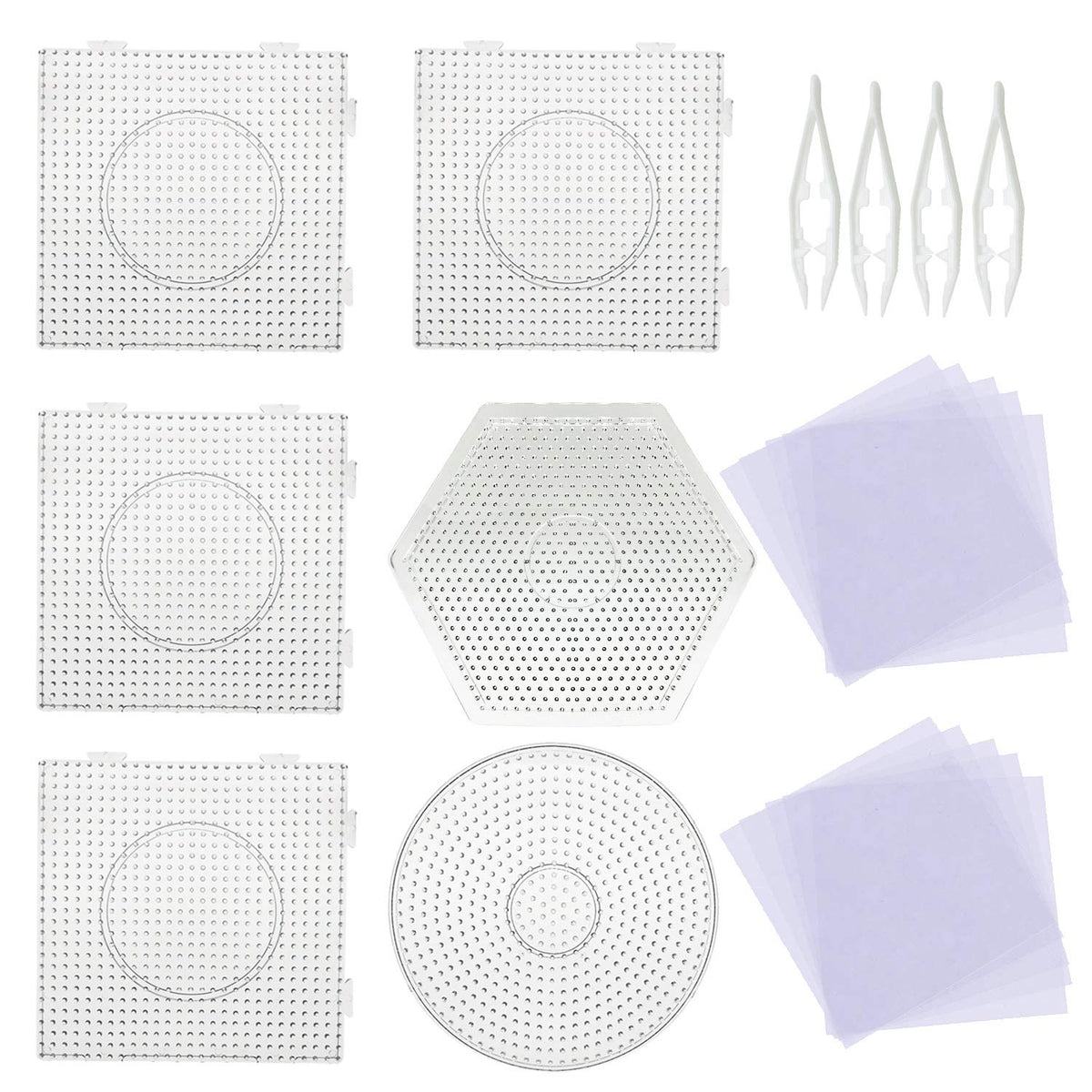 Allazone 5 mm 6 Pack Fuse Beads Boards Large Round Square Clear Plastic Pegboards with 4 PCS White Beads Tweezers, 20 PCS Ironing Paper for Kids Craft Supplies