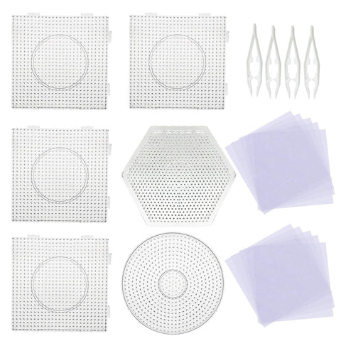 Allazone 5 mm 6 Pack Fuse Beads Boards Large Round Square Clear Plastic Pegboards with 4 PCS White Beads Tweezers, 20 PCS Ironing Paper for Kids Craft Supplies