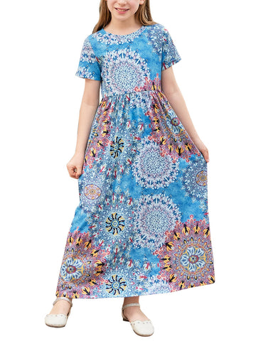 GORLYA Girl's Short Sleeve Floral Print Loose Casual Long Maxi Dress with Pockets 4-12 Years(GOR1001,8Y,BlueSunFlower)