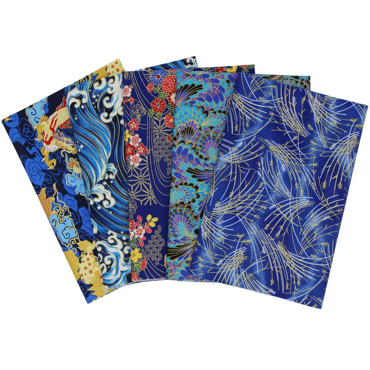 aufodara Crafts Quilting Fabric Cotton Squares Patchwork Bundle, 5PCS 50 x 50 cm Beautiful Bronzing Floral Gold Patterns Japanese Style Fabrics for Sewing Quilt DIY Artcraft Handwork (Blue)