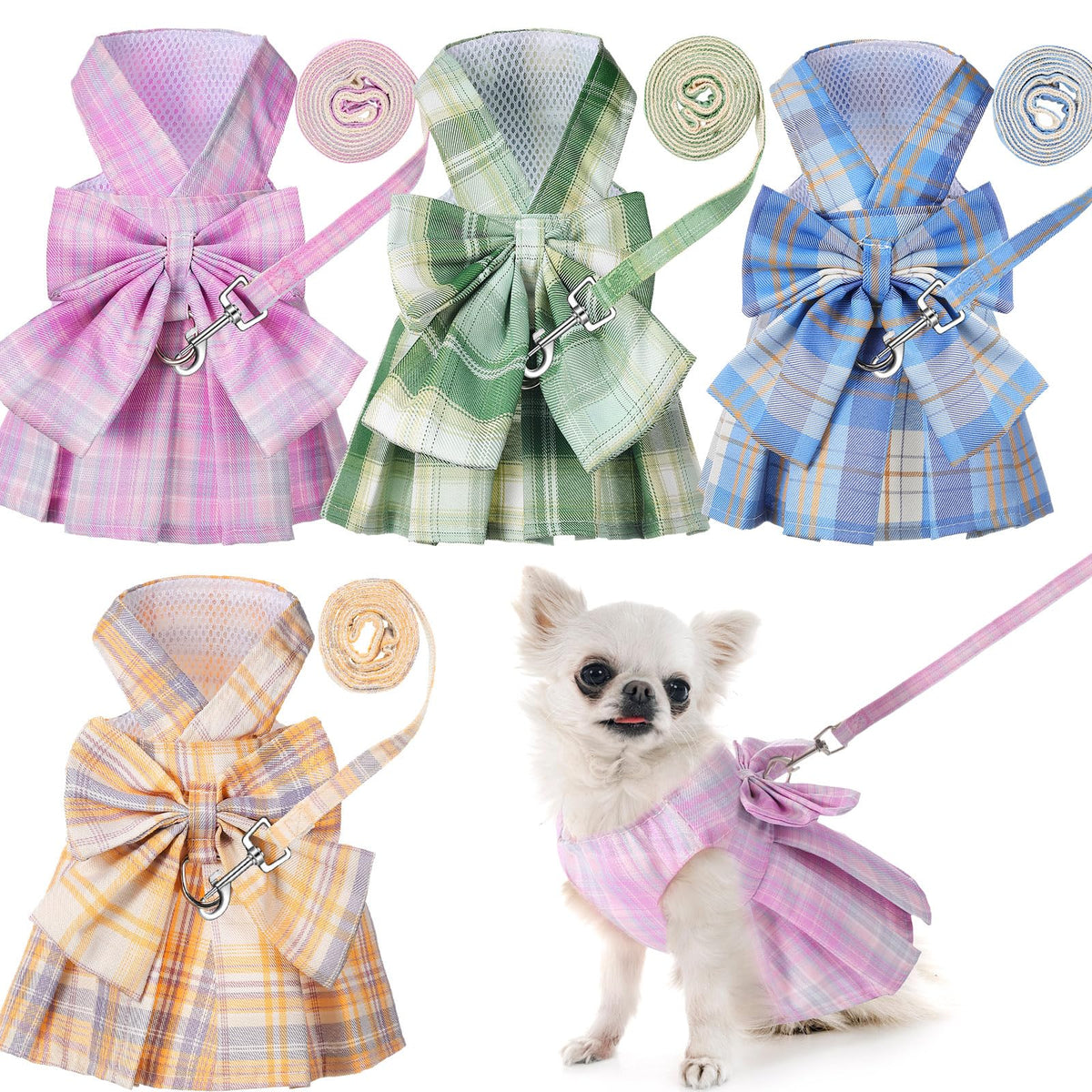Potchen 4 Pcs Plaid Dog Dress Bow Tie Harness Leash Set Harness Dress for Small Dogs Cute Dog Pet Girl Puppy Summer Clothes for Female Bunny Clothes Yorkie Chihuahua Training Walking (Light Color,L)
