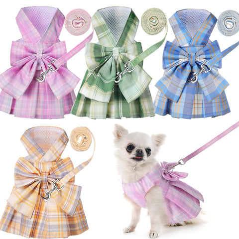 Potchen 4 Pcs Plaid Dog Dress Bow Tie Harness Leash Set Harness Dress for Small Dogs Cute Dog Pet Girl Puppy Summer Clothes for Female Bunny Clothes Yorkie Chihuahua Training Walking (Light Color,L)