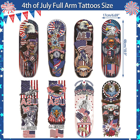 HOWAF 88pcs 4th of July Temporary Tattoos Set, Independence Day Full Arm Face Tattoos USA Flag Face Tattoos Sleeve Tattoo Stickers for Men Women Fourth of July Party Parade Supplies Patriotic Decor