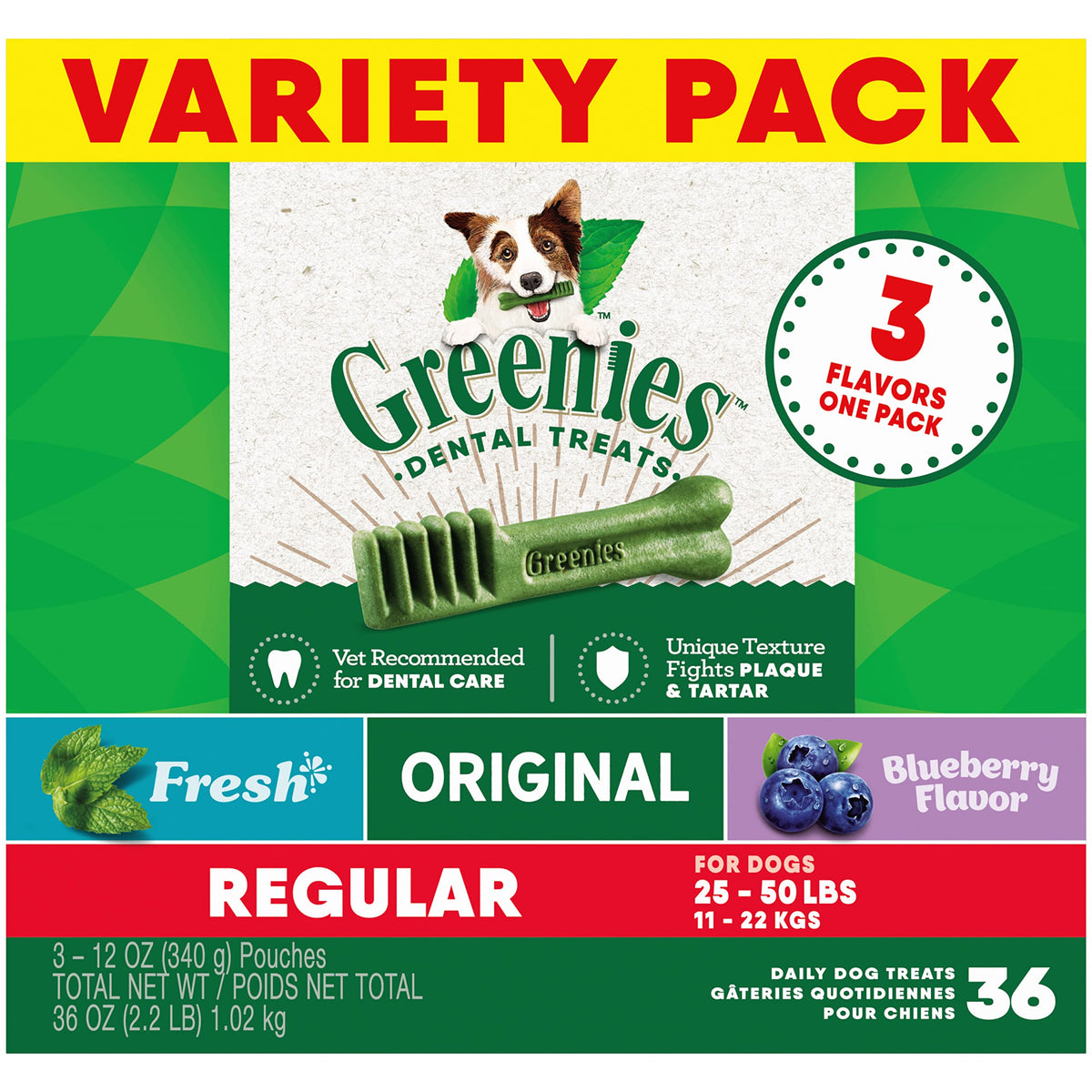 Greenies Regular Natural Dental Care Dog Treats, 36 oz. Variety Pack, 3 Packs of 12 oz. Treats