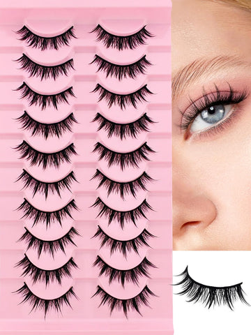 10 Pairs Manga Lashes Natural Look That Look Like Lashes Clusters,Anime Lashes 12mm Spiky Doll False Eyelashes,Cat-Eye Look Faux Mink Wispy Cosplay Japanese Korean Asian Lashes(10P-009)