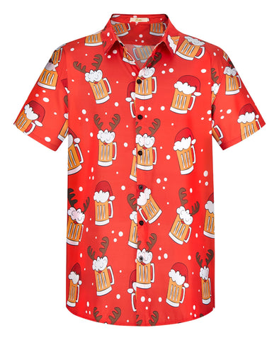 Yoimira Hawaiian Shirts for Men, Print Mens Casual Short Sleeve Button Down Shirts Floral Aloha Beach Shirt, Red-christmas Cheers, XL