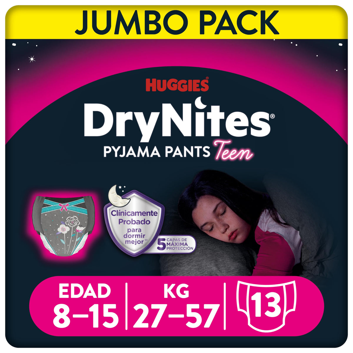 Huggies DryNites, 13 Panties Absorbent for The Night Girl 8 - 15 Years (27 - 57 kg) Disney