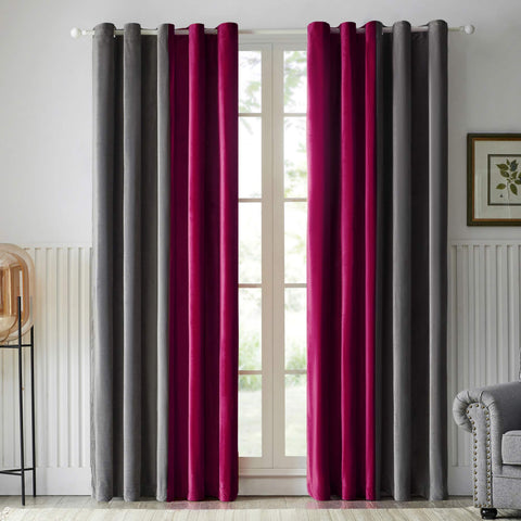 Velvet Blackout Curtains with Eyelets, 2 Pieces, Thermal Curtain, Heavy Splicing, Blackout Curtains for Bedroom, Living Room, 140 x 285 cm, Grey/Burgundy